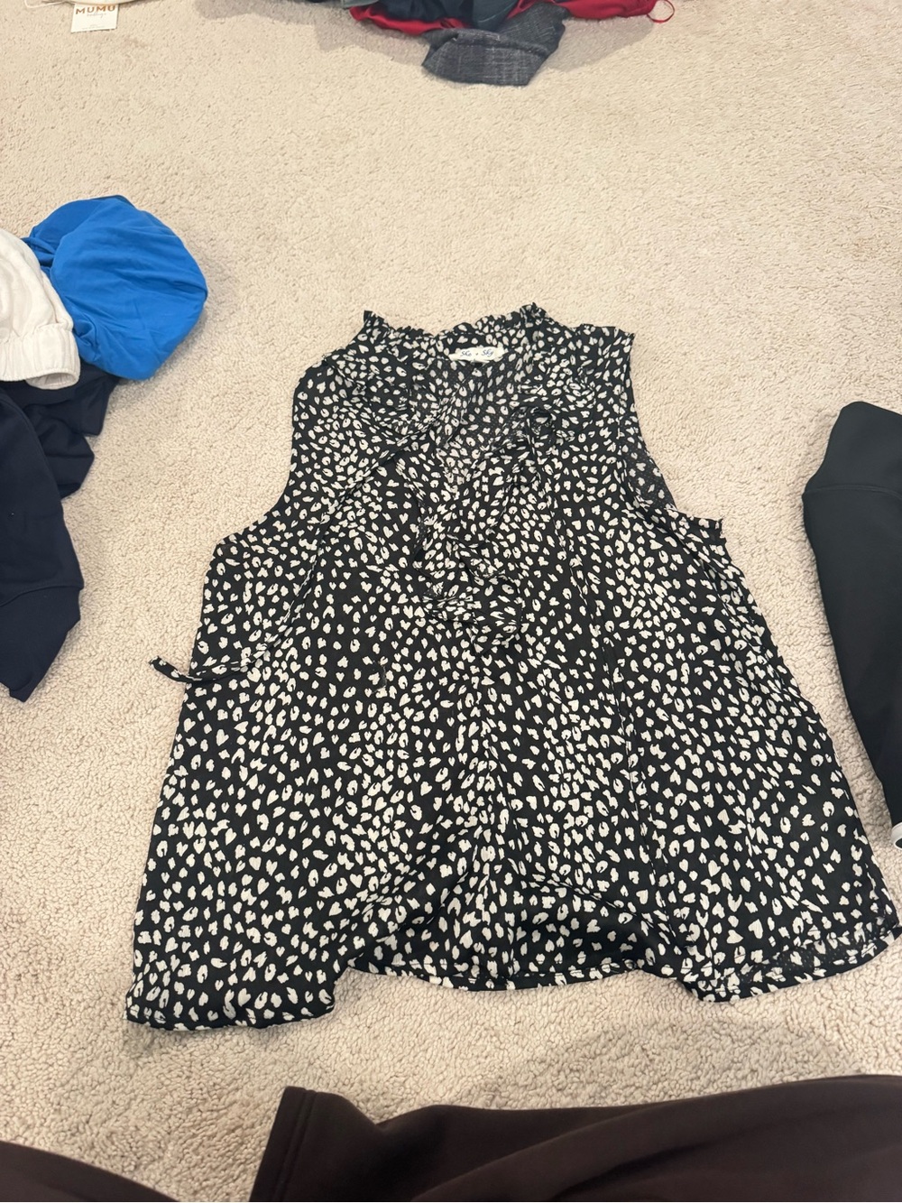 She + Sky Black and White Abstract Print Ruffle Tie Blouse